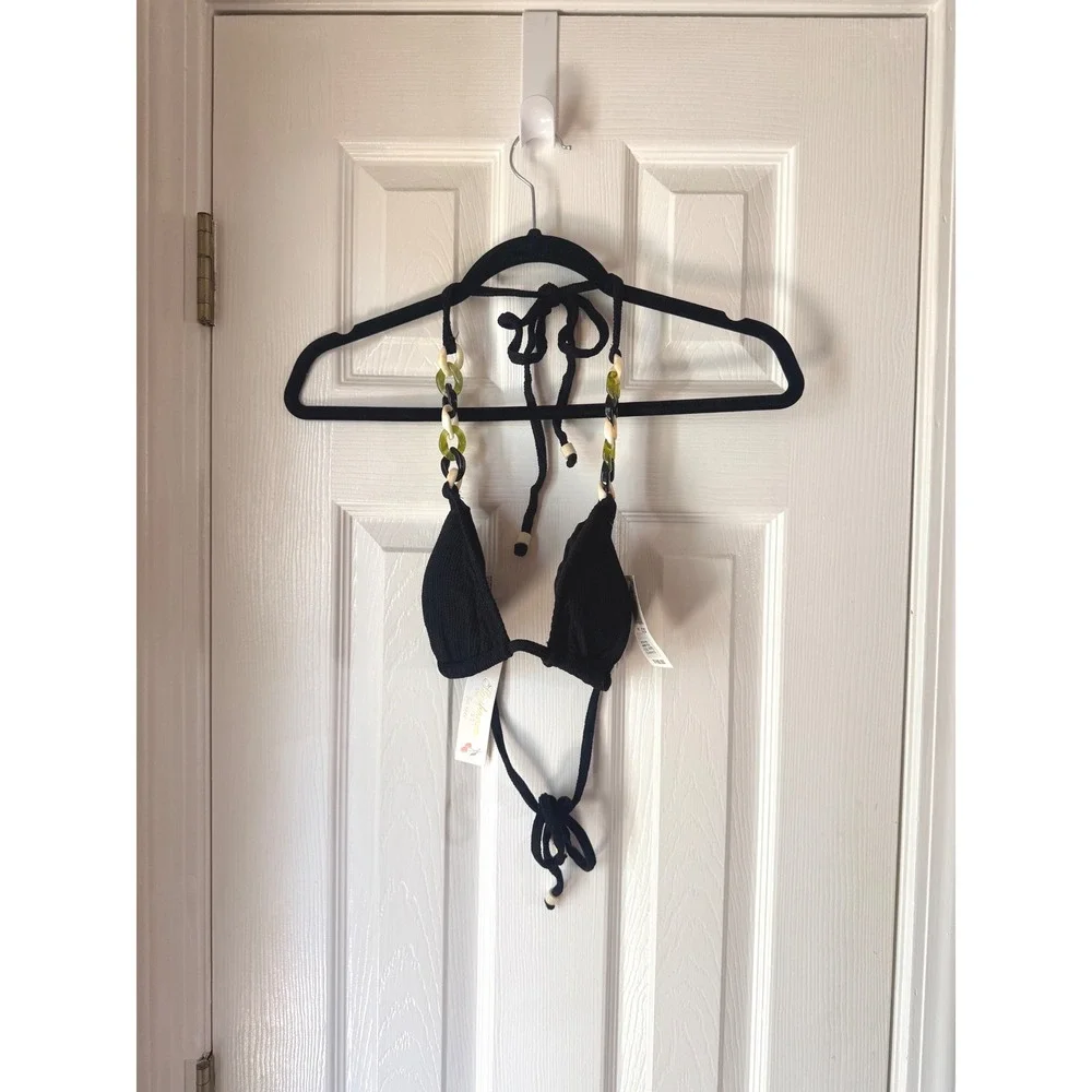 Shoshanna Chain Ribbed Triangle Bikini Top Jet Black Size C/D NWT 5457362
